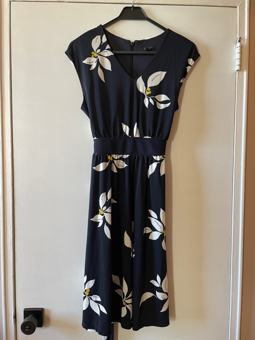 Navy Floral V-Neck Midi Dress - White Floral